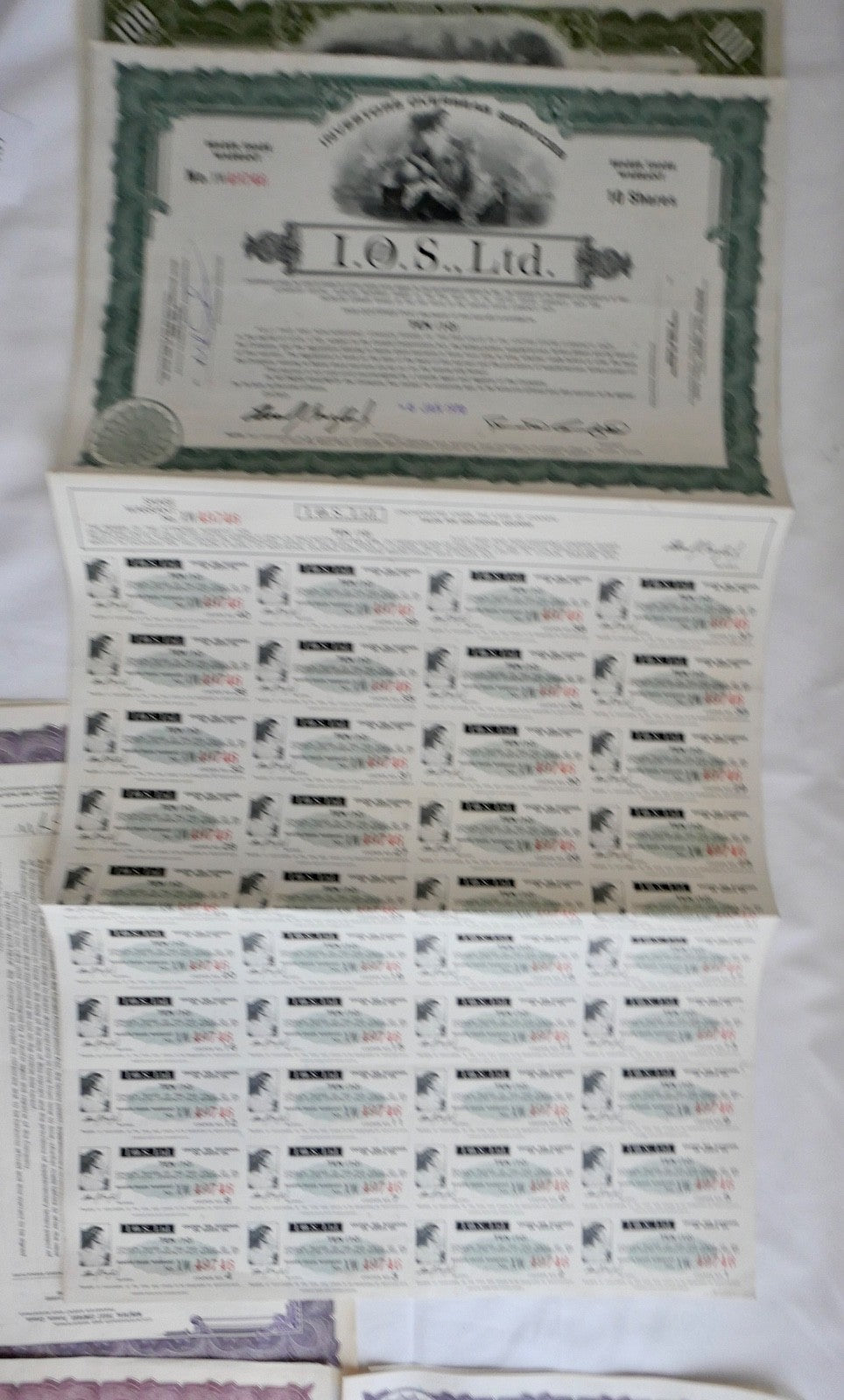 6x Aktien I.O.S. Ltd. Overseas & Tobacco Products Corporation Stock Wertpapier