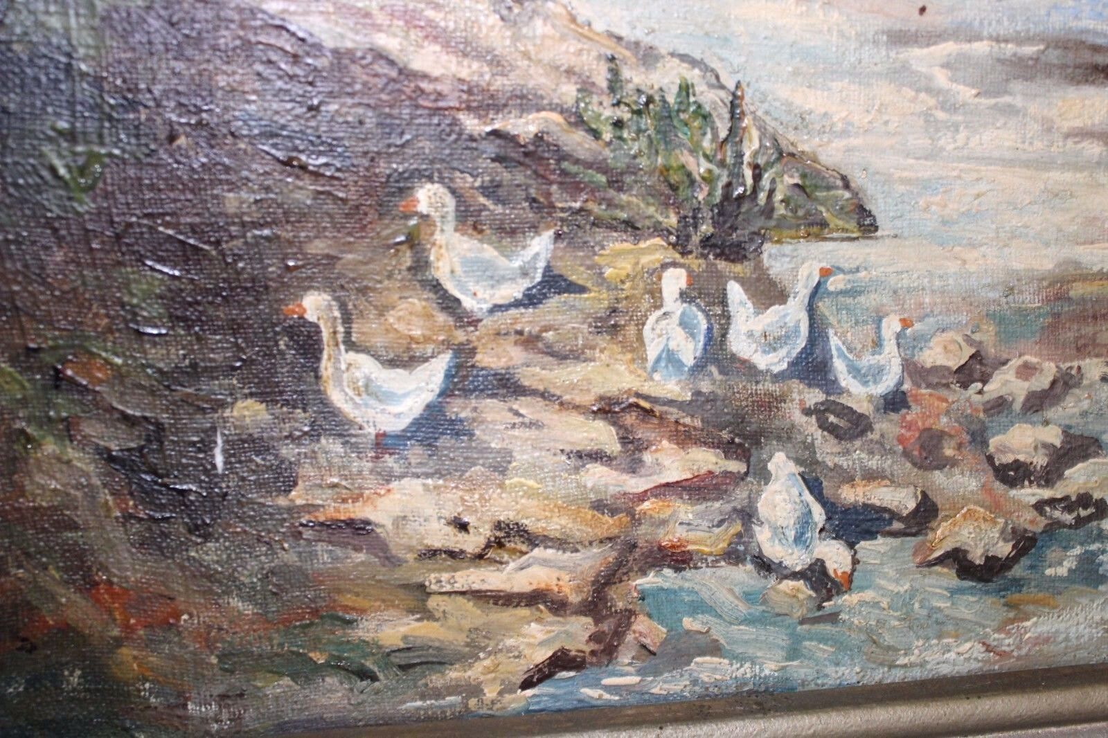 Großes Ölgemälde oil painting Dorf Bach Enten Brücke Wasser - Antikhandel-Stuttgart