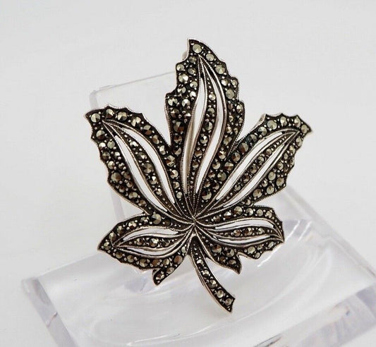 Vintage alte filigrane florale Blatt Brosche mit Markasiten Silber 835 - Antikhandel-Stuttgart