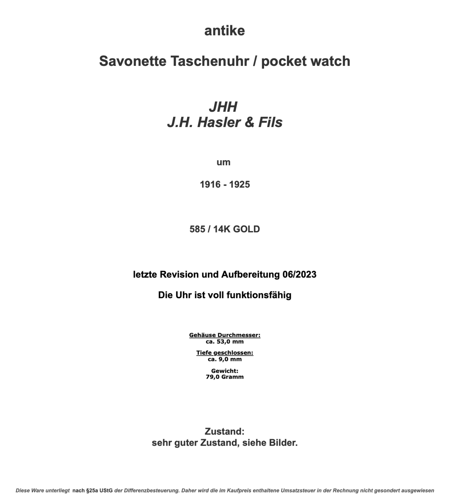 JHH J.H. Hasler & Fils 1916 - 1925 Savonette Taschenuhr 585 / 14K GOLD Ø 53 mm - Antikhandel-Stuttgart
