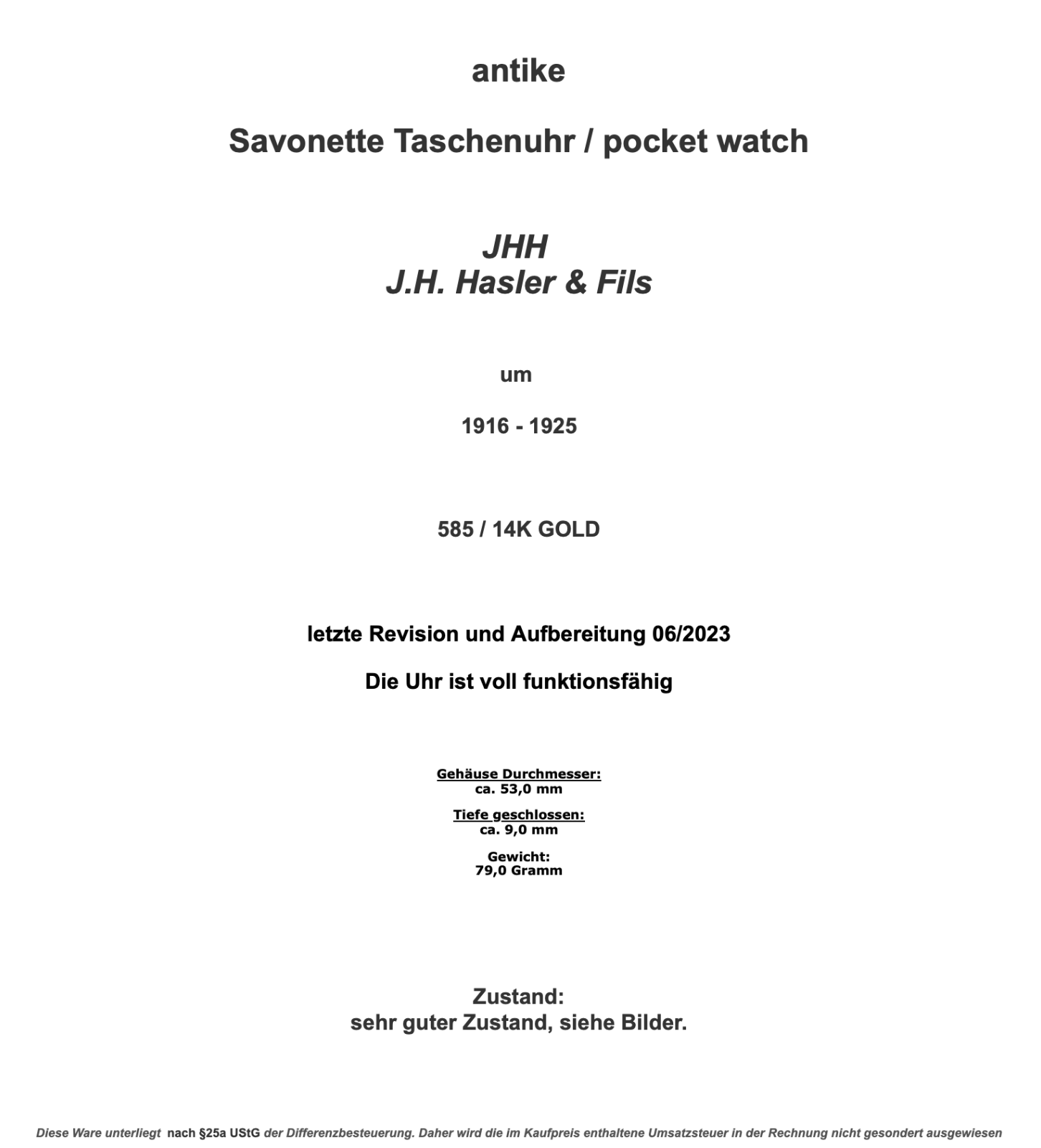 JHH J.H. Hasler & Fils 1916 - 1925 Savonette Taschenuhr 585 / 14K GOLD Ø 53 mm - Antikhandel-Stuttgart