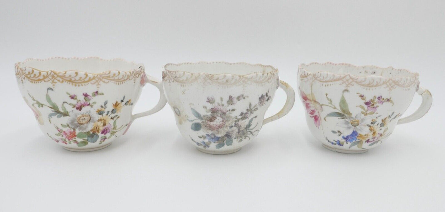 Meissen 3 Teetassen Knaufzeit 1860 1900 Barock Blumen Bukett Muster - Antikhandel-Stuttgart