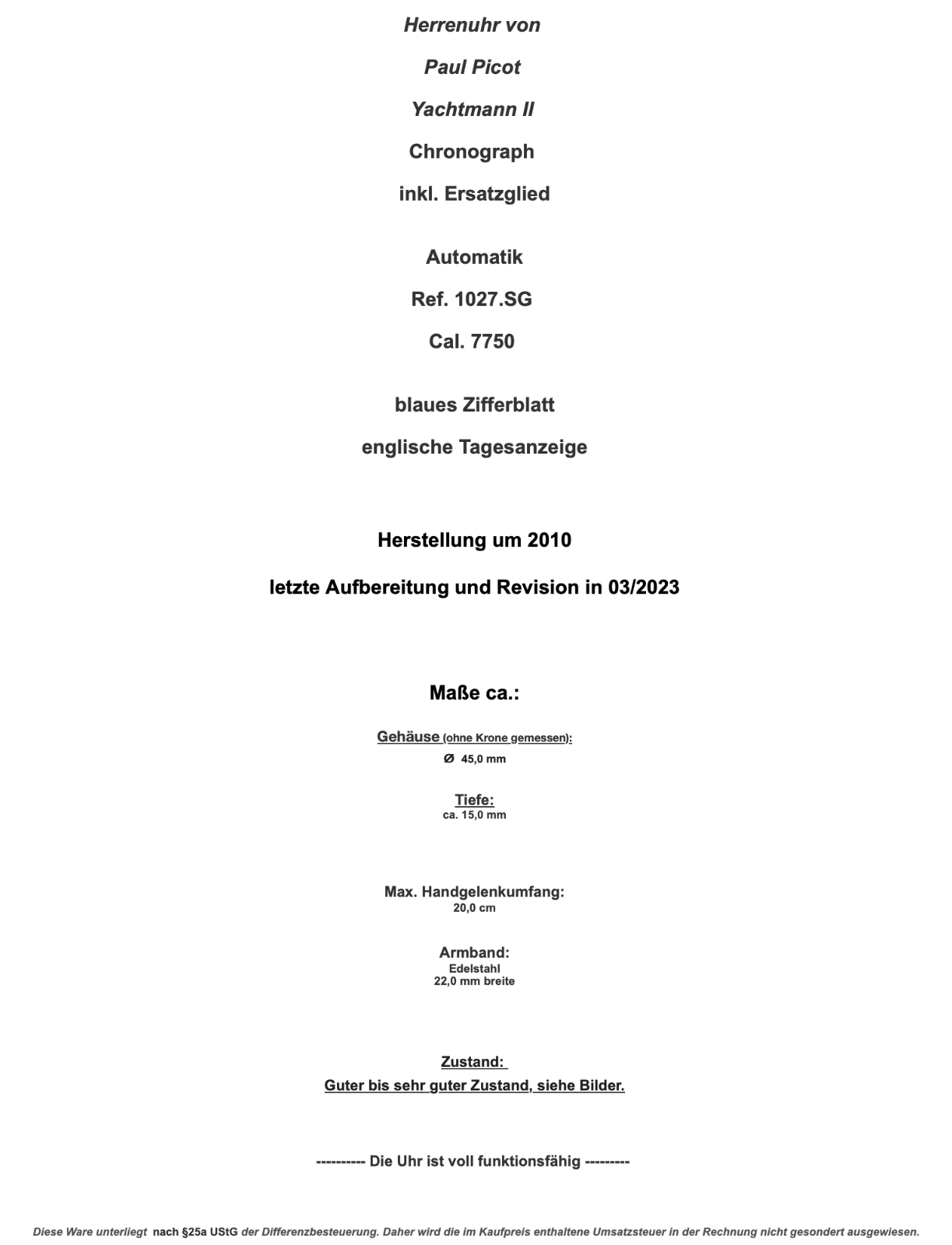 Paul Picot Yachtmann II Ref. 1027.SG Cal. 7750 Chronograph blaues Zifferblatt - Antikhandel-Stuttgart