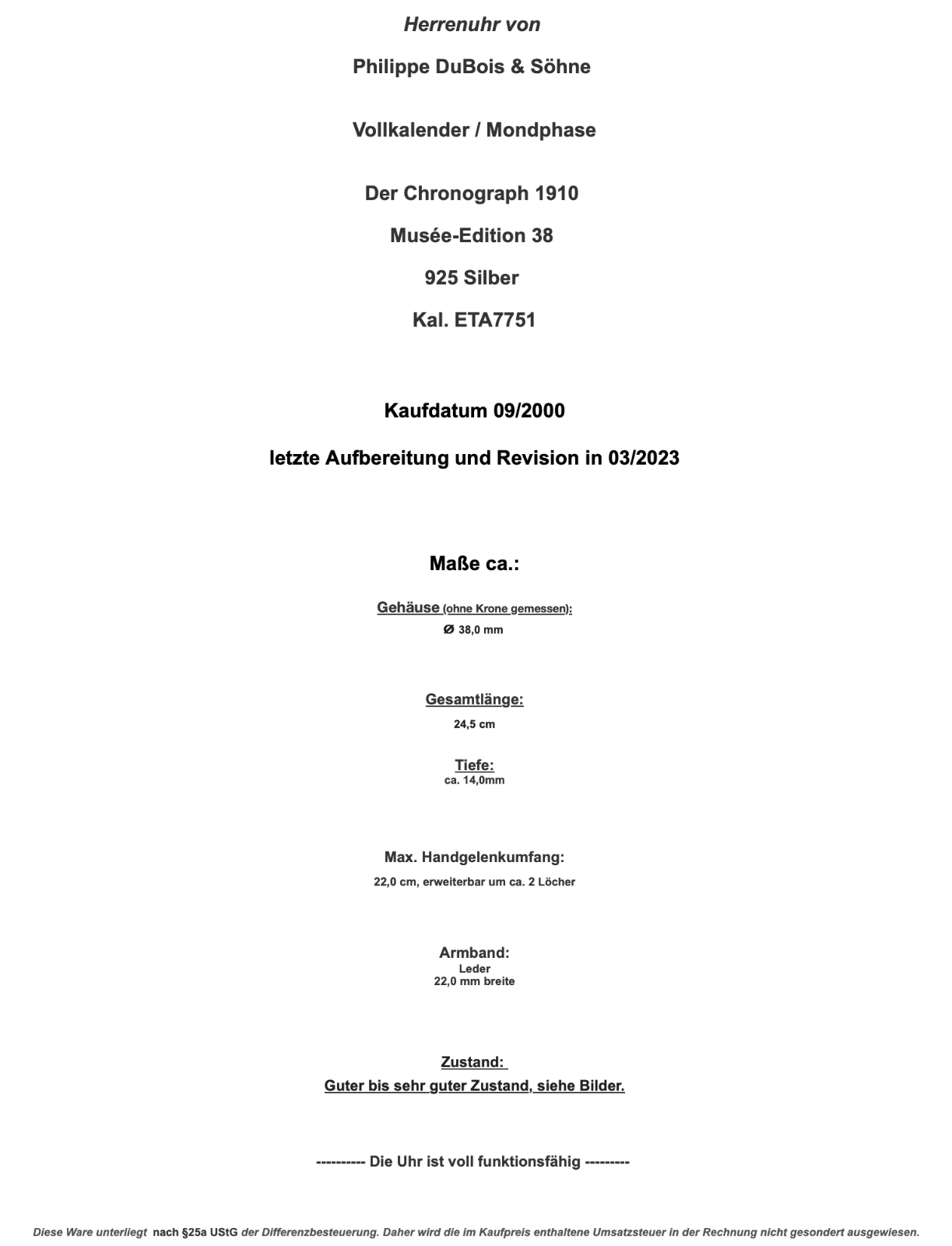 Philippe DuBois & Fils Chronograph 1910 Musee Edition 38 925 Silber Cal. ETA7751 - Antikhandel-Stuttgart