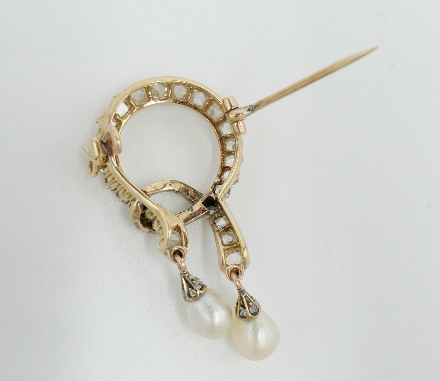 Antike um 1850 Gold Diamant Perle Schleifen Brosche 2,3Ct 585 14K Rosenschliff - Antikhandel-Stuttgart