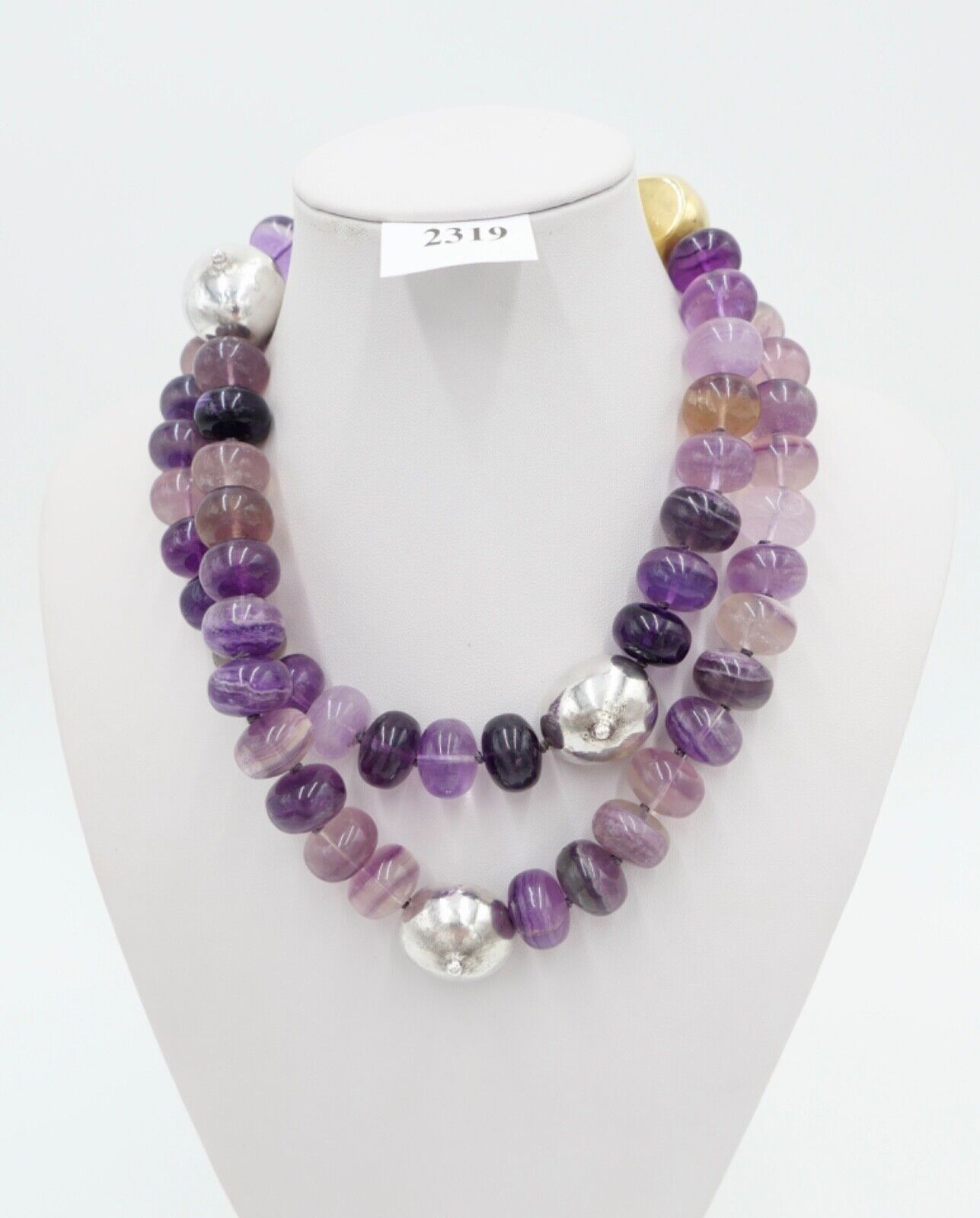 Amethyst Kette Collier 925 Silber & 750 Gold Elementen 90 cm Magnet Verschluss - Antikhandel-Stuttgart