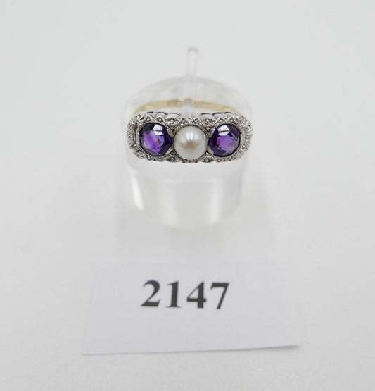 30er Jahre Art Deco Bicolor Ring 585 Gold & 935 Silber Gr. 55 Amethyst & Perle - Antikhandel-Stuttgart