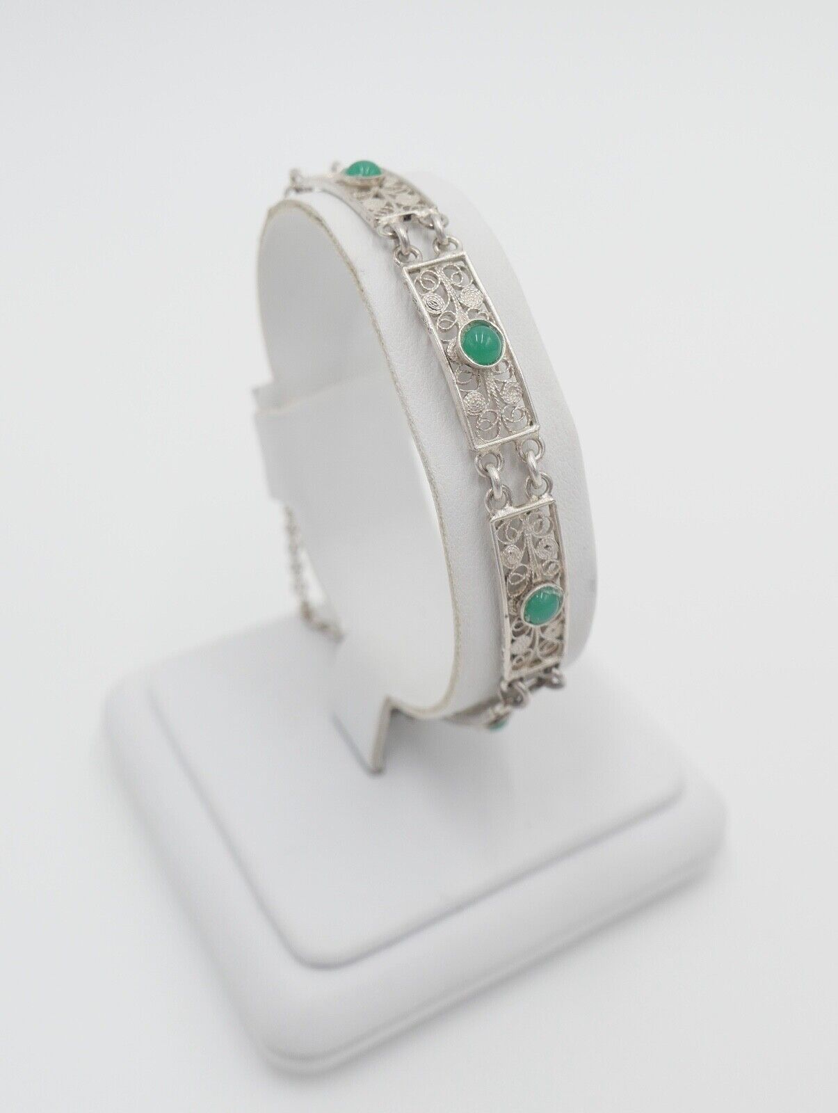 filigranes 60er Jahre 800 Silber Armband mit Chrysopras - Antikhandel-Stuttgart