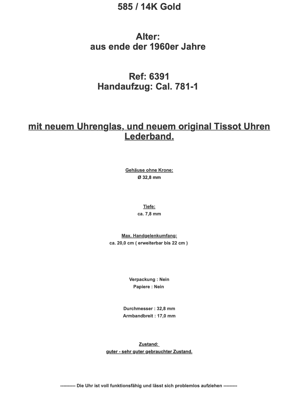 Tissot 585 14K Gold Herenuhr 1960er Handaufzug Cal. 781-1 Ref. 6391 NEUwertig - Antikhandel-Stuttgart