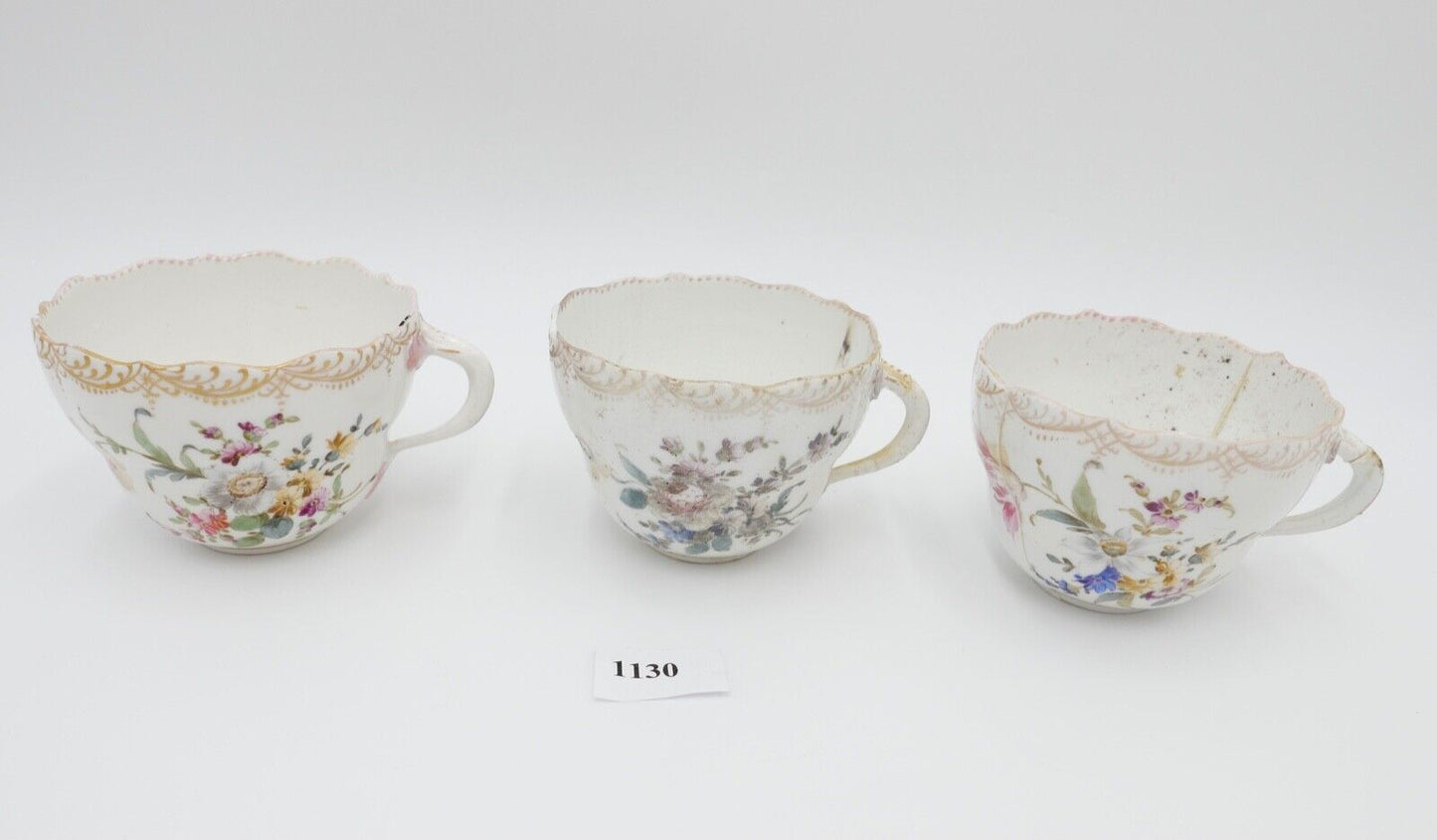 Meissen 3 Teetassen Knaufzeit 1860 1900 Barock Blumen Bukett Muster - Antikhandel-Stuttgart