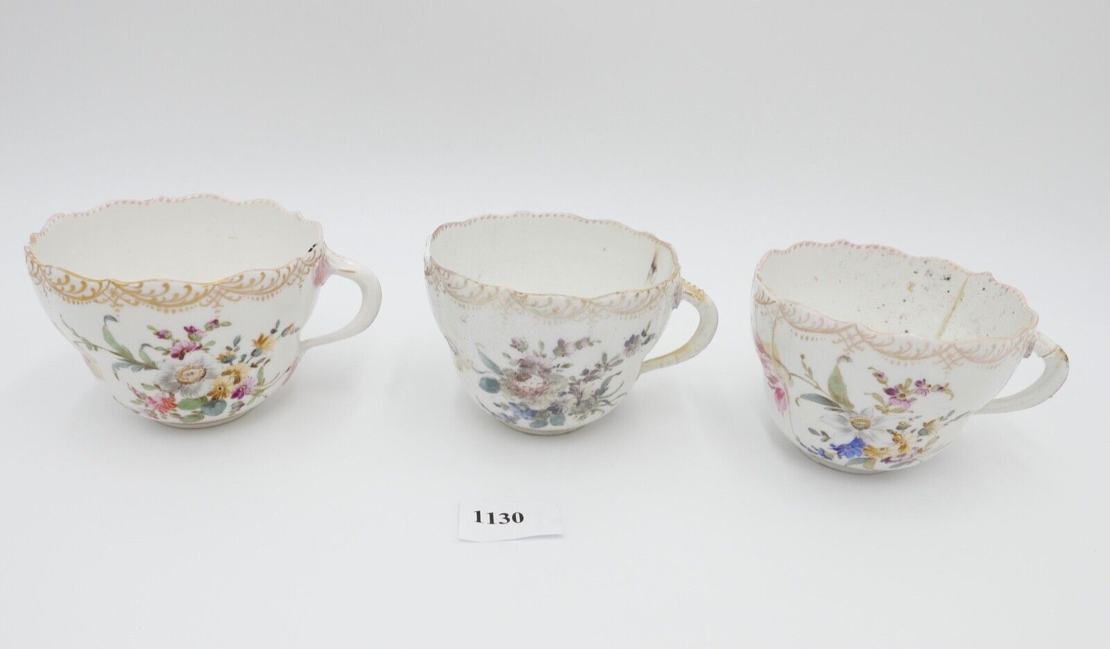 Meissen 3 Teetassen Knaufzeit 1860 1900 Barock Blumen Bukett Muster - Antikhandel-Stuttgart