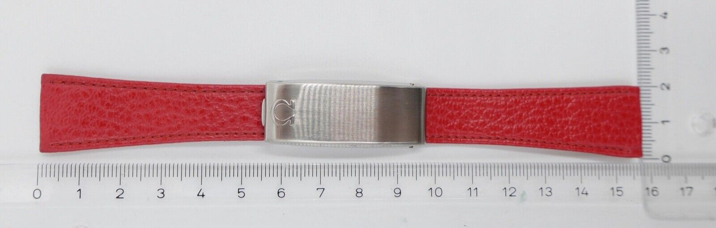 NEU ORIGINAL Vintage OMEGA No. 27 Lederband Rot Edelstahl Faltschliesse 19/14 mm - Antikhandel-Stuttgart