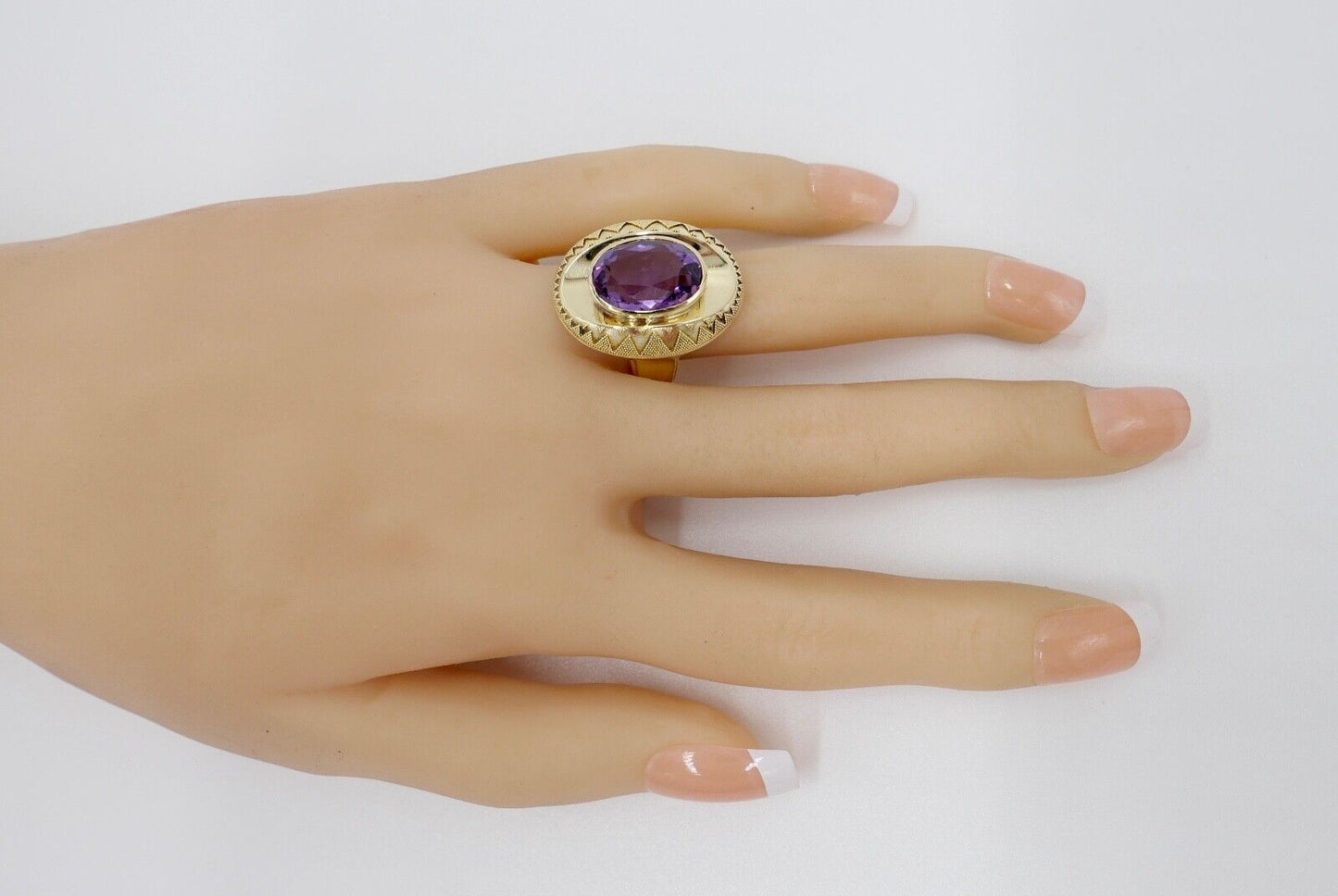 1970er Massiver Gold Ring 585 14K Gr. 53 Amethyst Oval Schliff 8,2 Ct - Antikhandel-Stuttgart