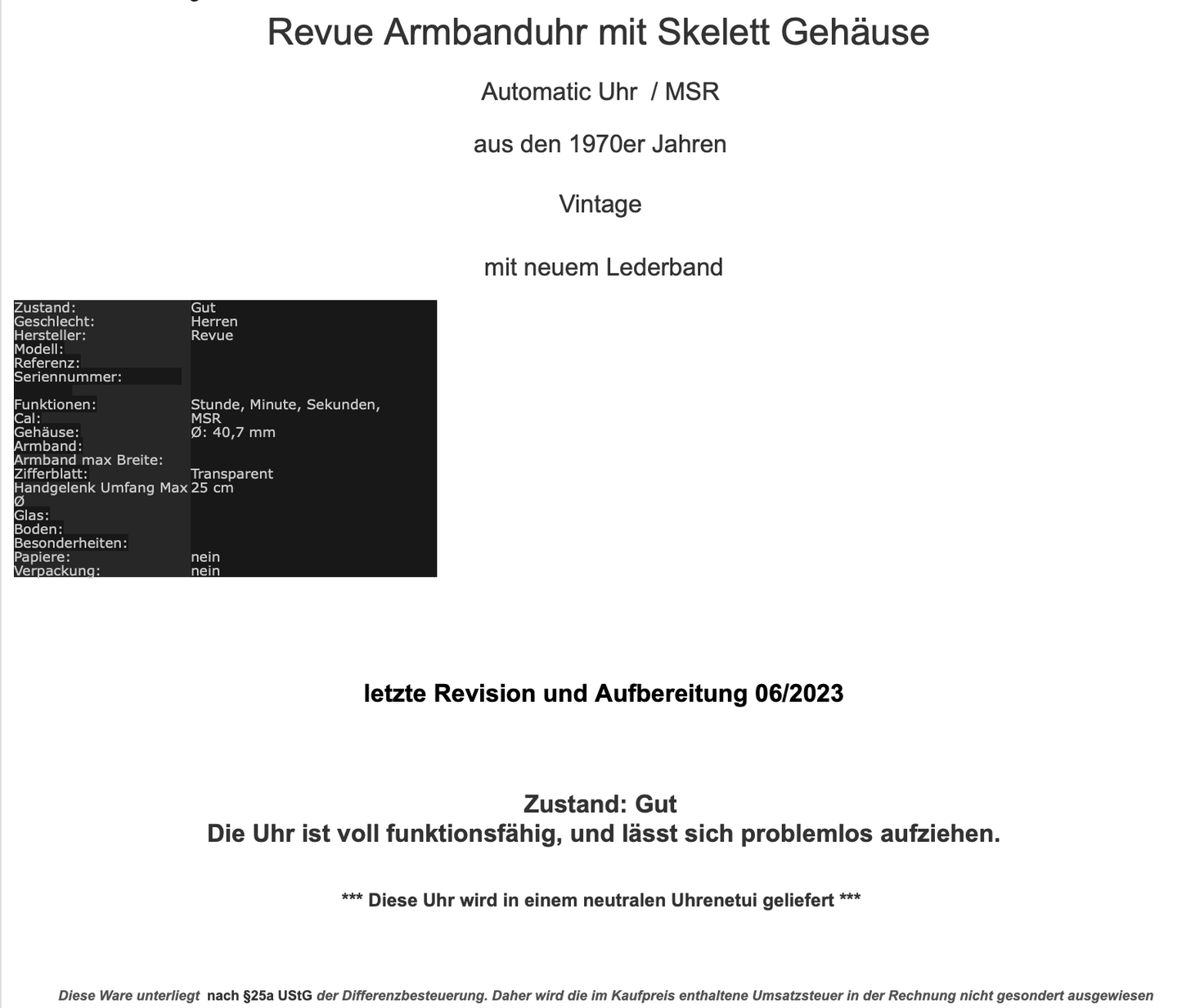 Revue Herren Armbanduhr Skelett Gehäuse Automatic Uhr MSR 1970er Vintage Ø40,7mm - Antikhandel-Stuttgart