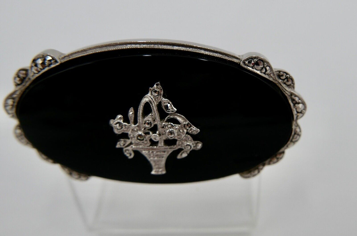 Seltene florale ONYX Markasiten 925 Silber Brosche CNP Ø 53 mm - Antikhandel-Stuttgart