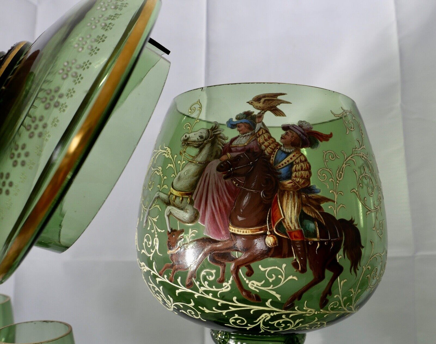 Antike Weinrömer Gläser Pokal XXL Bowle Set grün Emaille RAR Goldrand 53cm 1900 - Antikhandel-Stuttgart