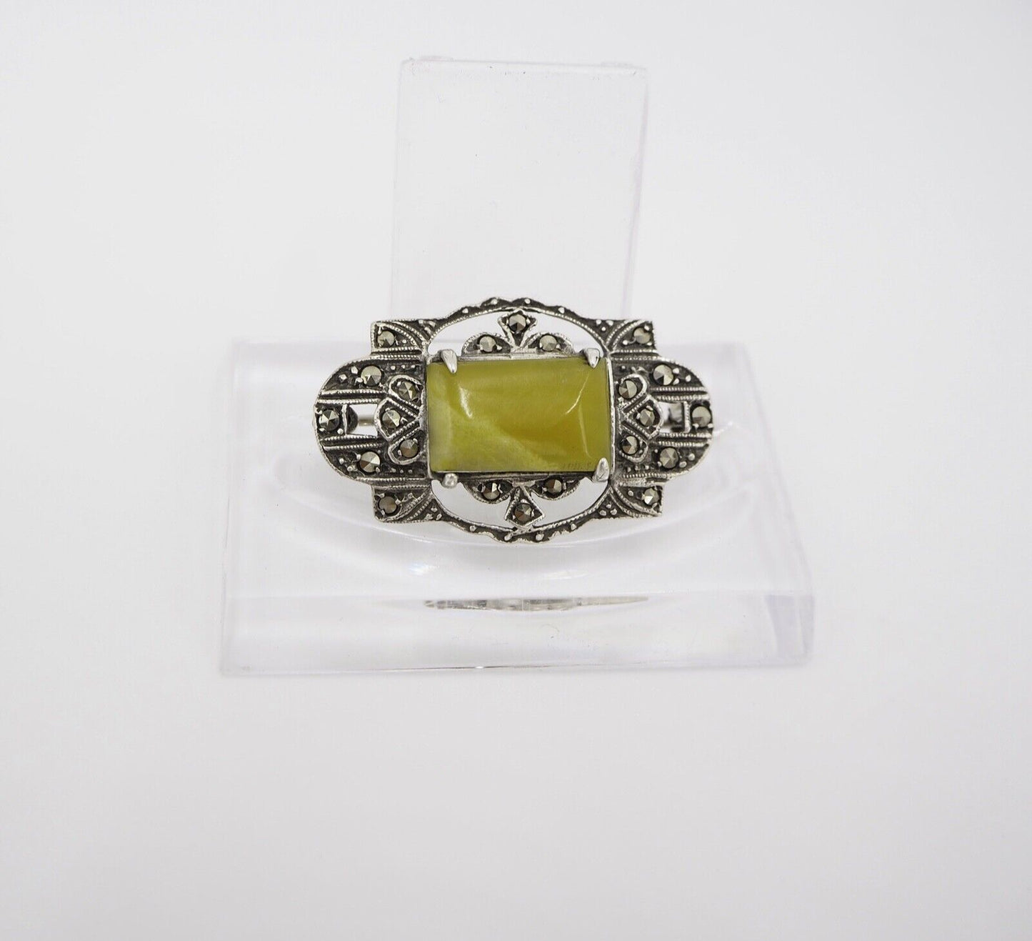 Art Deco 33 mm Brosche Silber 835 mit Markasiten und Edelstein grün - Antikhandel-Stuttgart