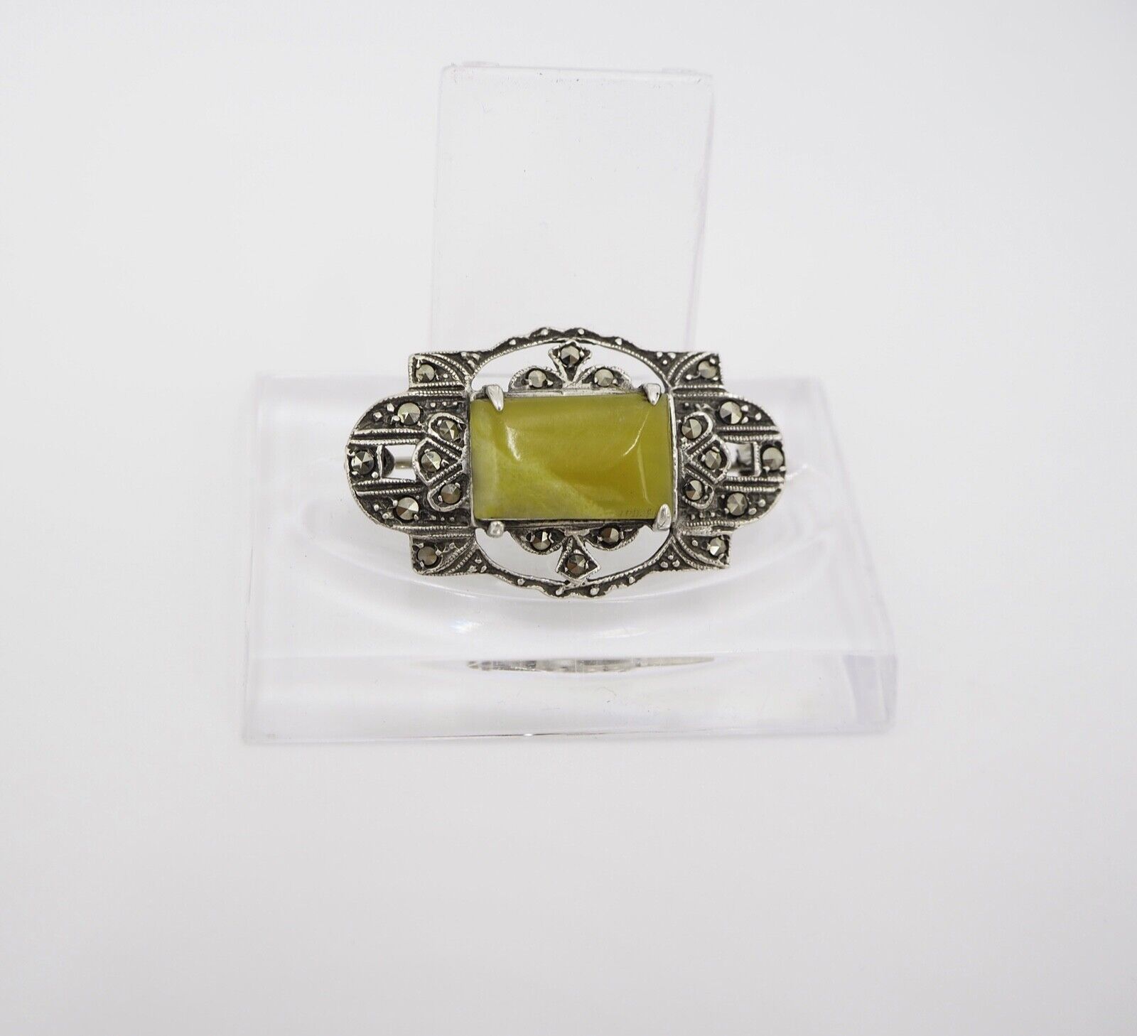 Art Deco 33 mm Brosche Silber 835 mit Markasiten und Edelstein grün - Antikhandel-Stuttgart