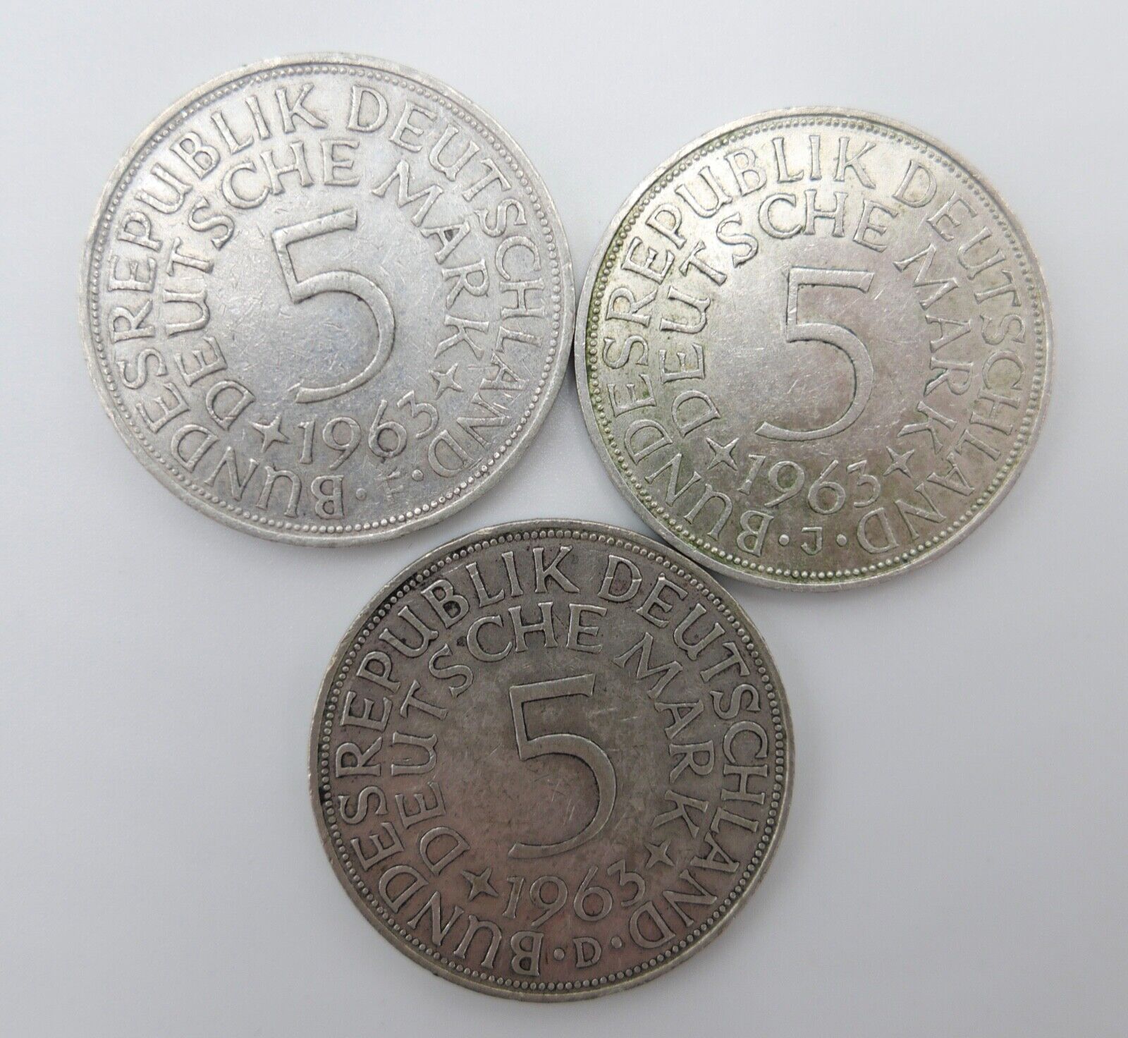 3x 5 DM 1963 J.387 Silbermünzen Silberadler Heiermann D F J - Antikhandel-Stuttgart
