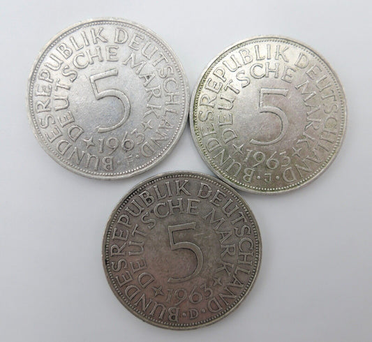 3x 5 DM 1963 J.387 Silbermünzen Silberadler Heiermann D F J - Antikhandel-Stuttgart