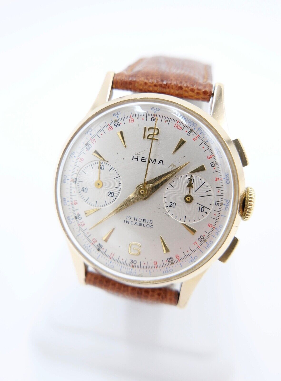 HEMA Chronograph Cal. Landeron 248 Herren Armbanduhr Handaufzug Ø 34mm neus Band - Antikhandel-Stuttgart