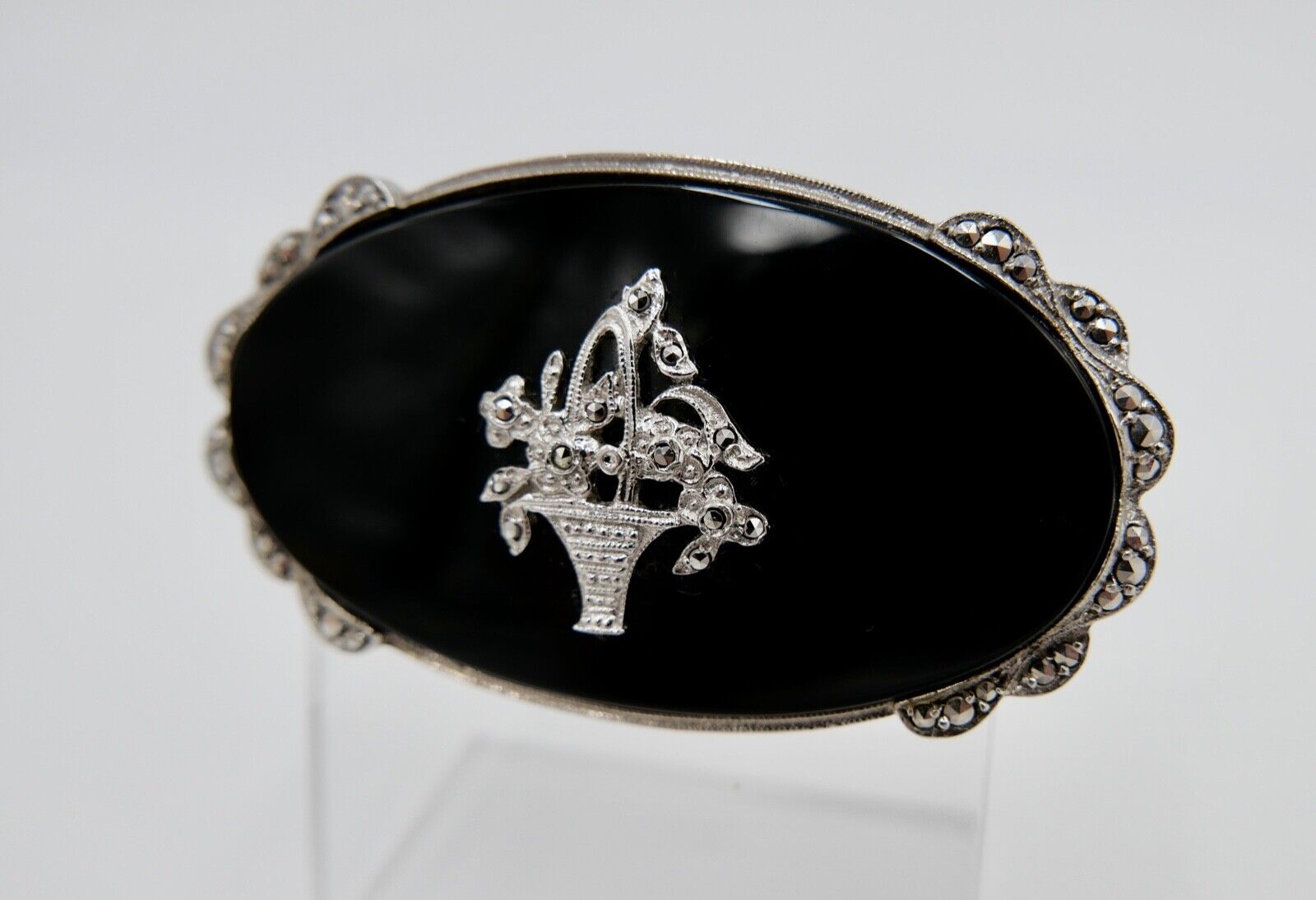 Seltene florale ONYX Markasiten 925 Silber Brosche CNP Ø 53 mm - Antikhandel-Stuttgart