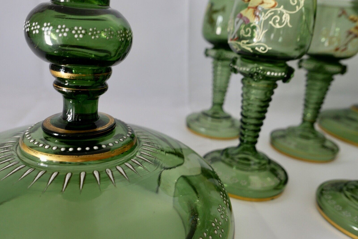 Antike Weinrömer Gläser Pokal XXL Bowle Set grün Emaille RAR Goldrand 53cm 1900 - Antikhandel-Stuttgart