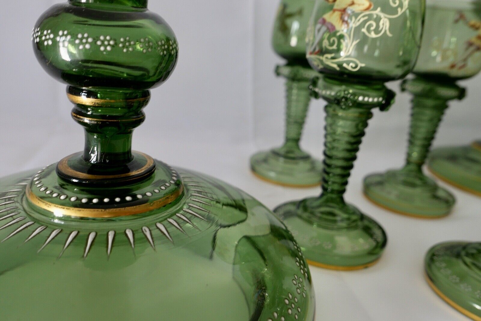 Antike Weinrömer Gläser Pokal XXL Bowle Set grün Emaille RAR Goldrand 53cm 1900 - Antikhandel-Stuttgart