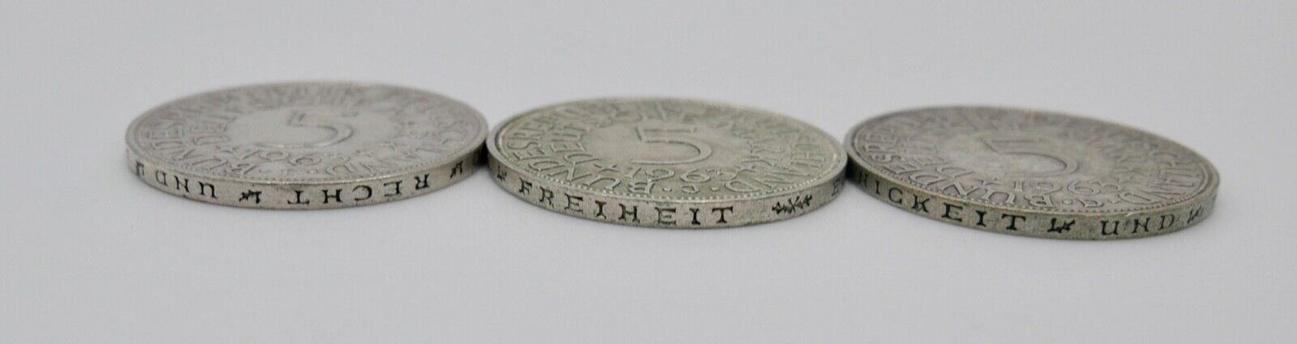 3x 5 DM 1963 J.387 Silbermünzen Silberadler Heiermann D F J - Antikhandel-Stuttgart