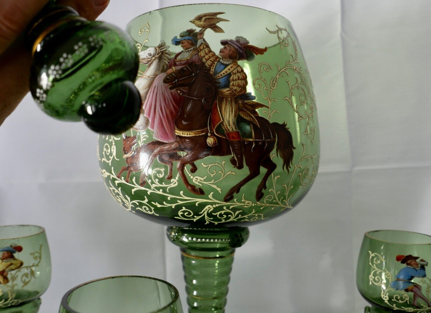 Antike Weinrömer Gläser Pokal XXL Bowle Set grün Emaille RAR Goldrand 53cm 1900 - Antikhandel-Stuttgart