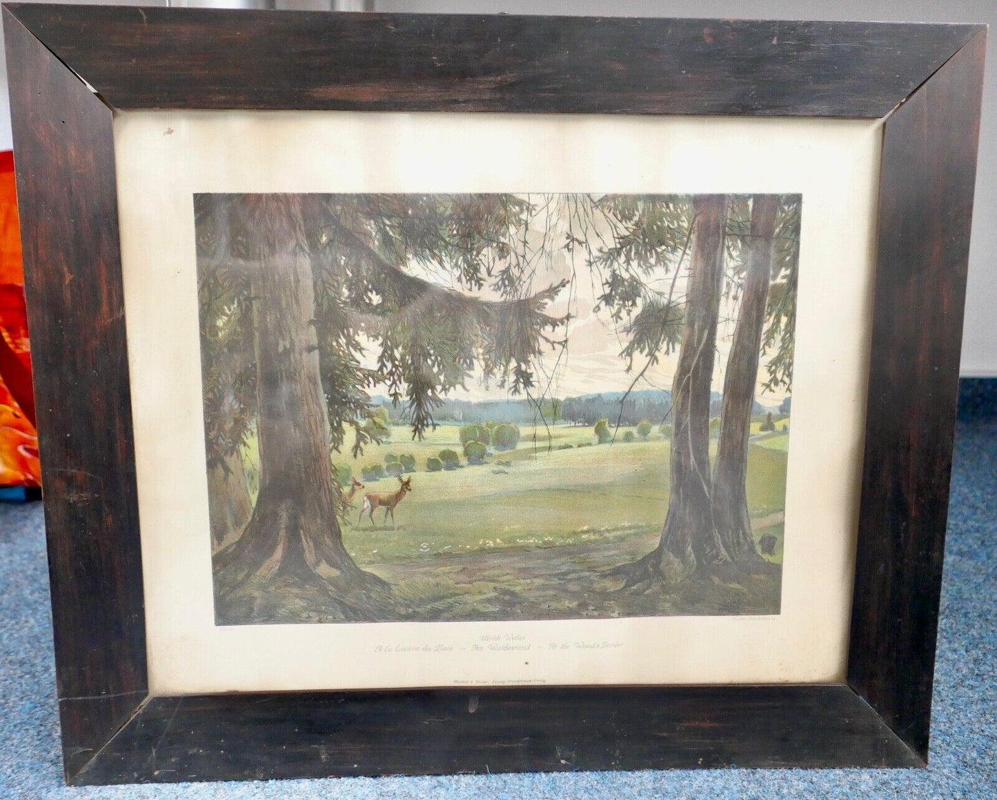 ULRICH WEBER Verlag Leipzig Farb - Lithographie " am Waldesrand " signiert - Antikhandel-Stuttgart