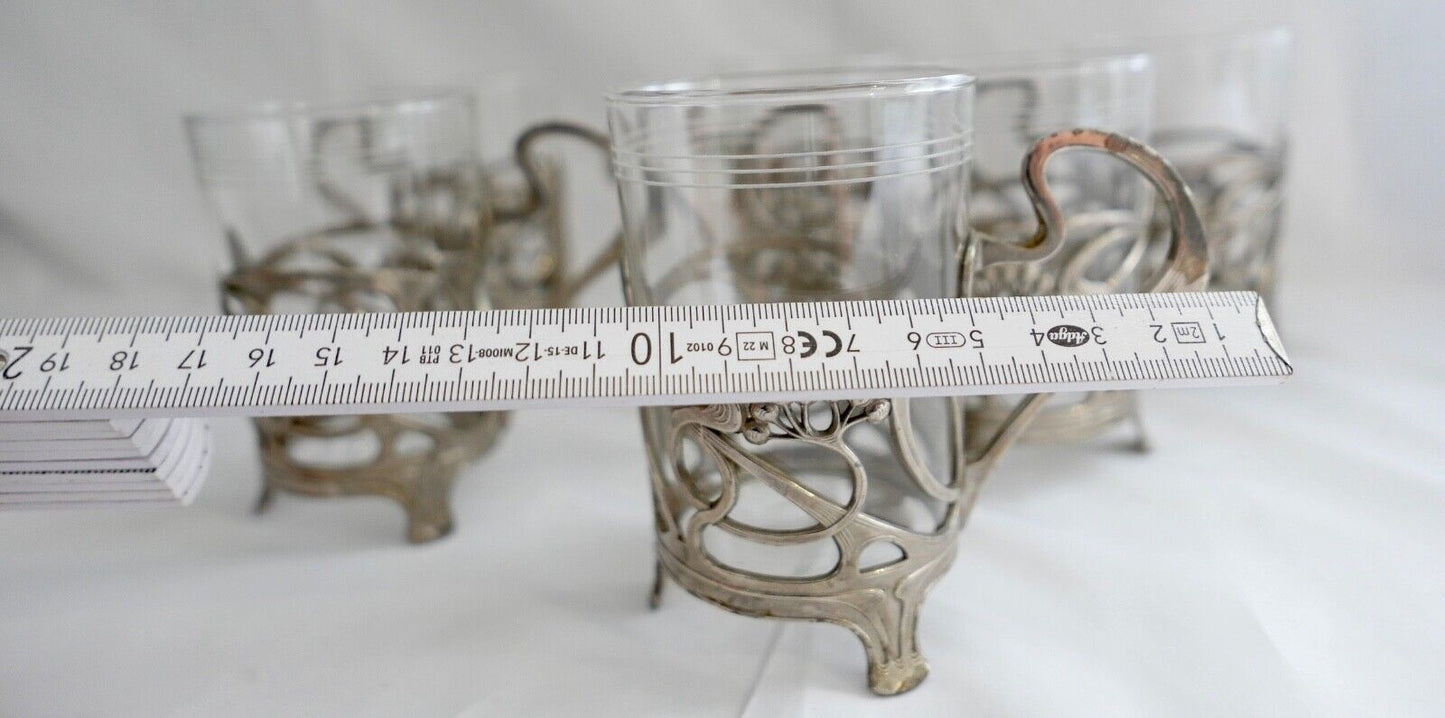 Set 6x Jugendstil Teeglashalter versilbert mit Schott Mainz JENAer Glas um 1900 - Antikhandel-Stuttgart