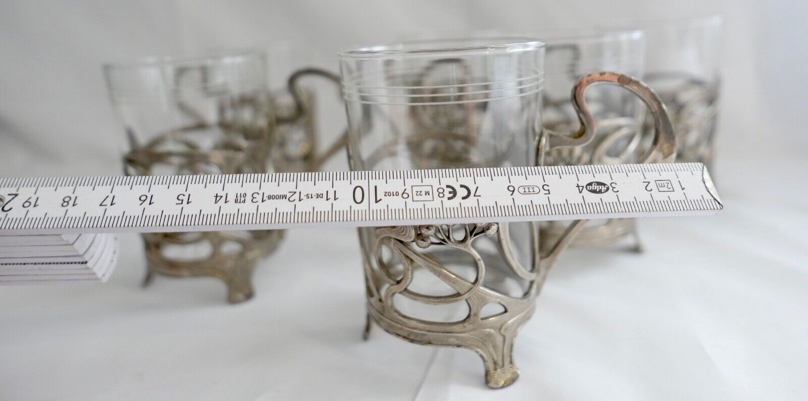 Set 6x Jugendstil Teeglashalter versilbert mit Schott Mainz JENAer Glas um 1900 - Antikhandel-Stuttgart
