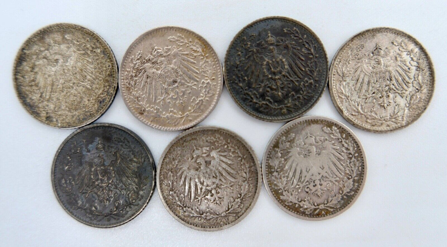 7x 1/2 Mark 1905 1907 1909 1915 1916 1917 1918 F D G A Silbermünze Jäger J.16 - Antikhandel-Stuttgart