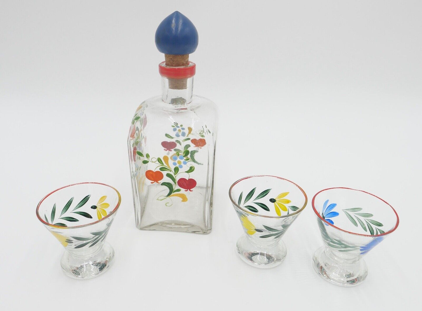 altes Schnaps Likör Set Glas Handbemalt Gläser Karaffe Blumenmuster - Antikhandel-Stuttgart