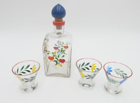 altes Schnaps Likör Set Glas Handbemalt Gläser Karaffe Blumenmuster - Antikhandel-Stuttgart