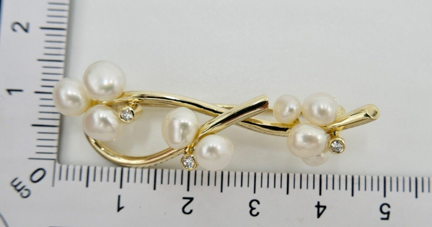 1980er Jahre Gold Perlen Diamant Brosche 585 14K HGA 46 mm - Antikhandel-Stuttgart