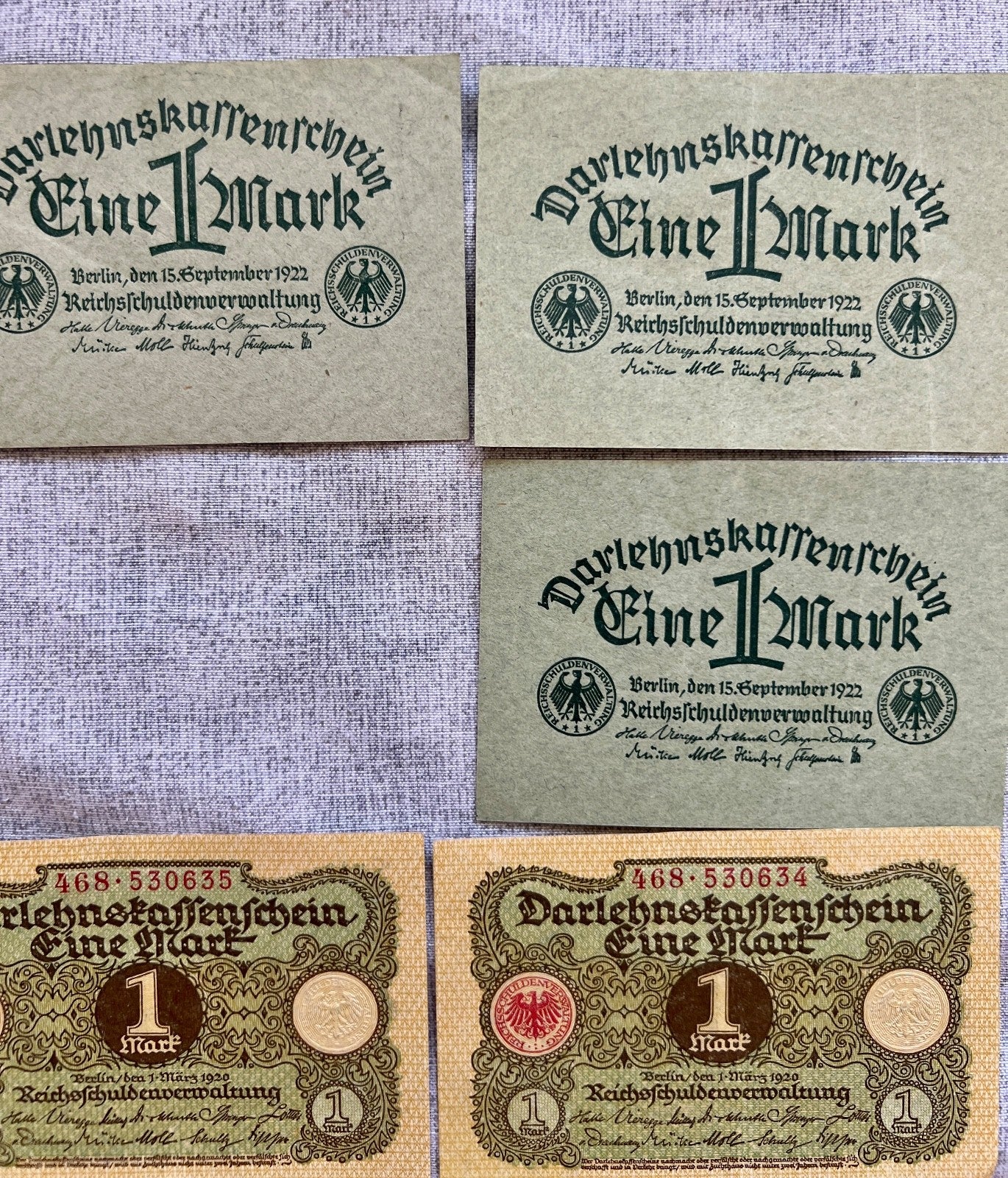 9x  1  & 2 Mark Darlehnskassenschein Banknote 1920 & 1922 UNC Ro. 73 74 64 65