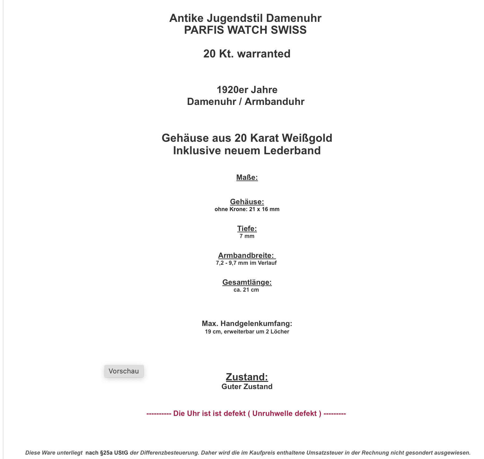 Antike Jugendstil 1920er Jahre Gold Damenuhr ( DEFEKT ) PARFIS WATCH SWISS 20 Kt - Antikhandel-Stuttgart