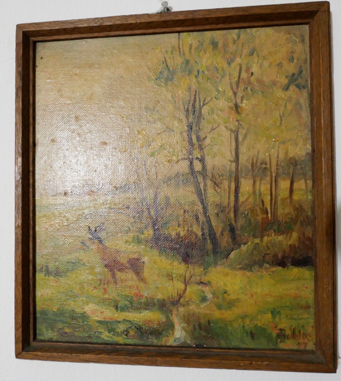 Ölgemälde signiert F BÜHLER 47 "LANDSCHAFT REH " 23x25 cm auf Hartfaser BILD - Antikhandel-Stuttgart