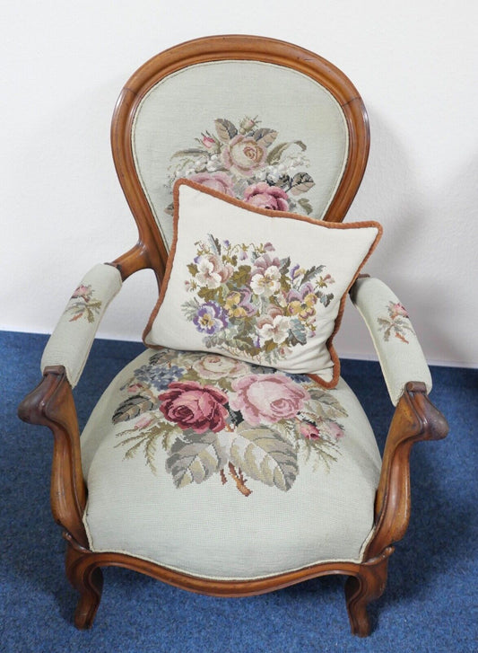 antik massiver Biedermeier Gobelin um 1850 Stuhl Sessel Kissen Blumenbukett - Antikhandel-Stuttgart