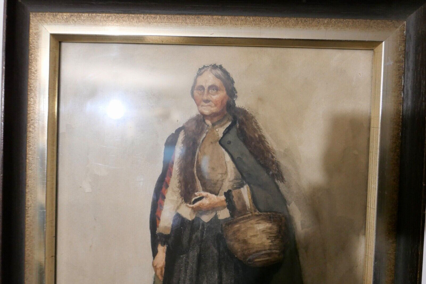 Altes Aquarell Portrait Gemälde Rahmen FRAU MIT KORB 36x30 cm - Antikhandel-Stuttgart