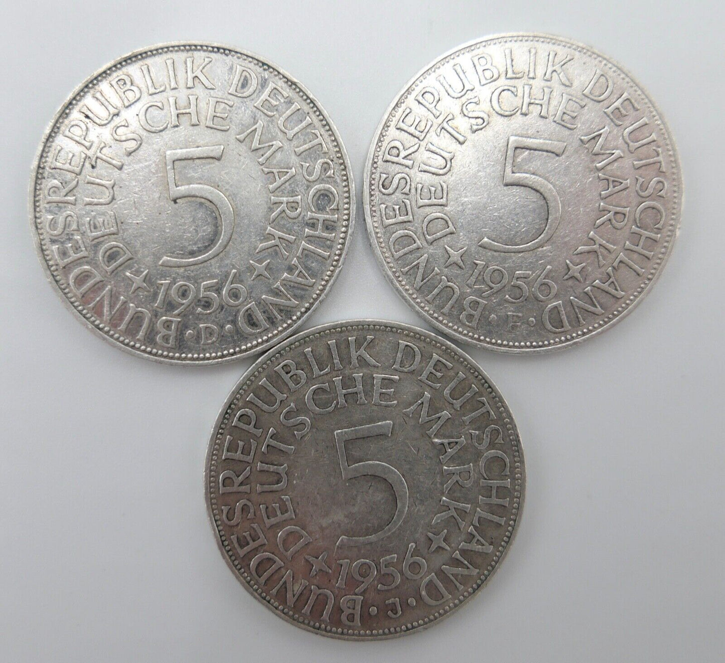 3x 5 DM 1956 J.387 Silbermünzen Silberadler Heiermann D F J - Antikhandel-Stuttgart