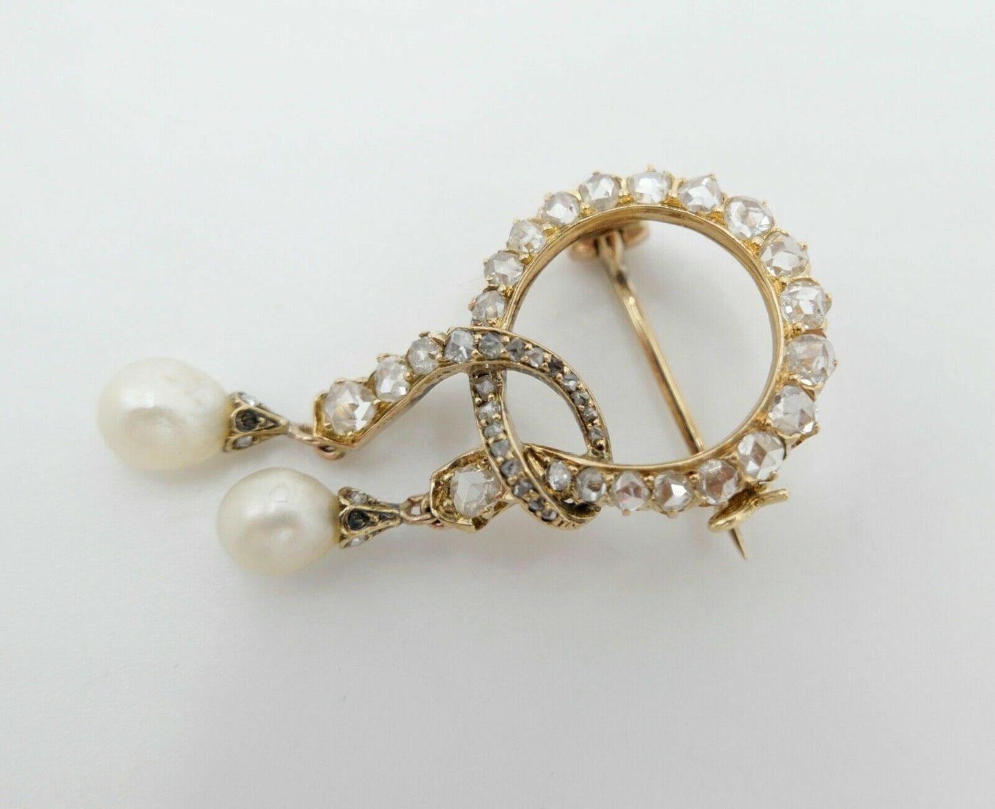 Antike um 1850 Gold Diamant Perle Schleifen Brosche 2,3Ct 585 14K Rosenschliff - Antikhandel-Stuttgart