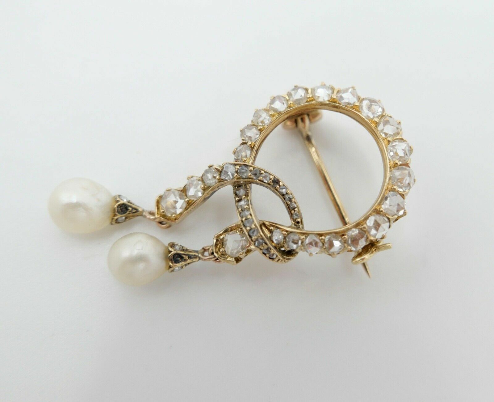 Antike um 1850 Gold Diamant Perle Schleifen Brosche 2,3Ct 585 14K Rosenschliff - Antikhandel-Stuttgart