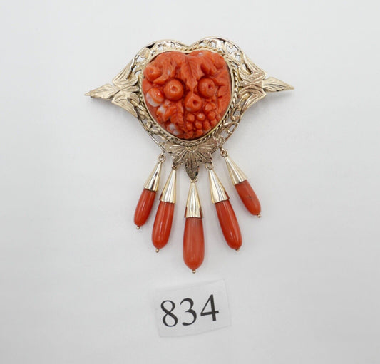 Große Antike Herz Gold Brosche / Anhänger Koralle 750 18K UNIKAT um 1850-1880 - Antikhandel-Stuttgart