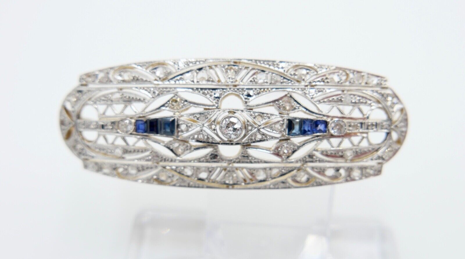 Art Deco 20er Brosche Gold Platin mit 6 Saphiren 55 Diamanten 1,8 Ct 750 18K - Antikhandel-Stuttgart