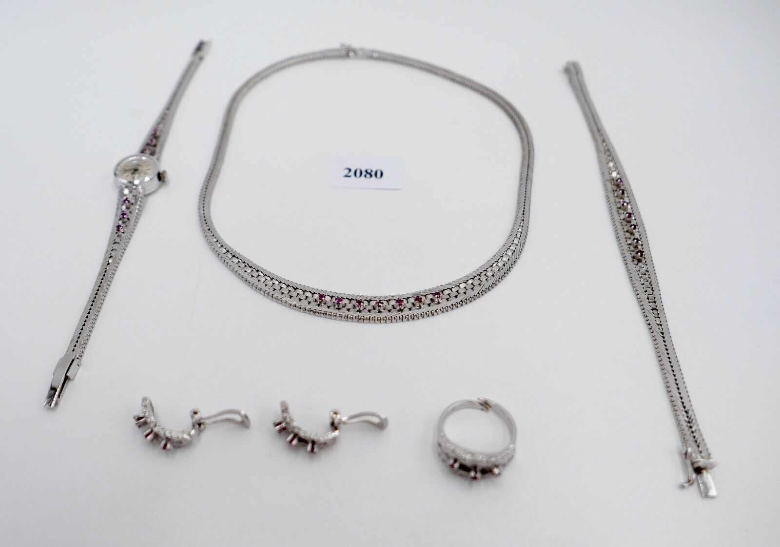 835 Silber Rubin Set " Armband Ring Uhr Ohrringe Collier " 1970er Jahre - Antikhandel-Stuttgart