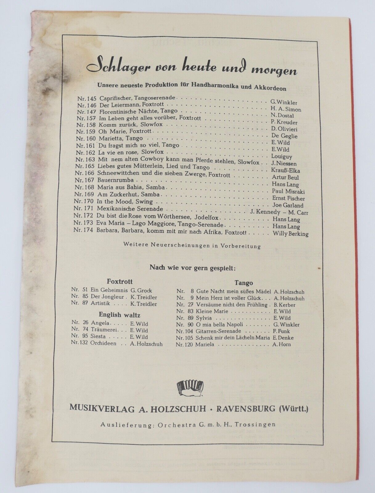 Alte Notenhefte Musikverlag Alfons Holzschuh Ravensburg & Hans Sikorski Hamburg - Antikhandel-Stuttgart