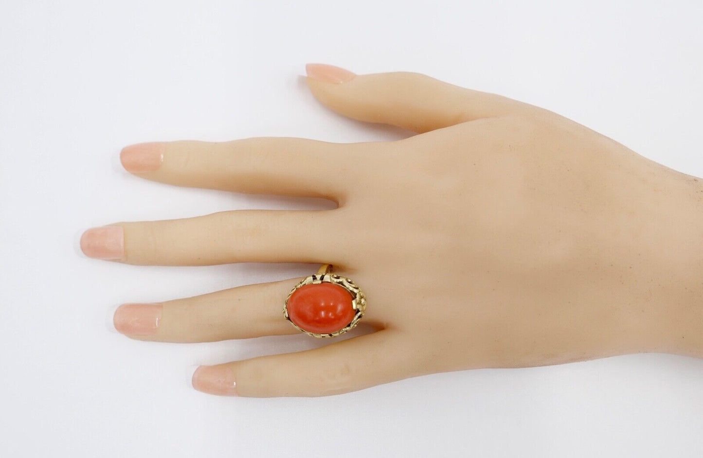 1950er Damenring Gelbgold 585 14K mit Koralle Cabochon Gr. 58 - Antikhandel-Stuttgart